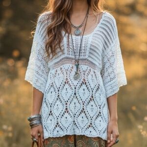 Atmosphere M Boho Fairy Grunge Whimsigoth Bell Sleeve Babydoll Crochet Knit Top